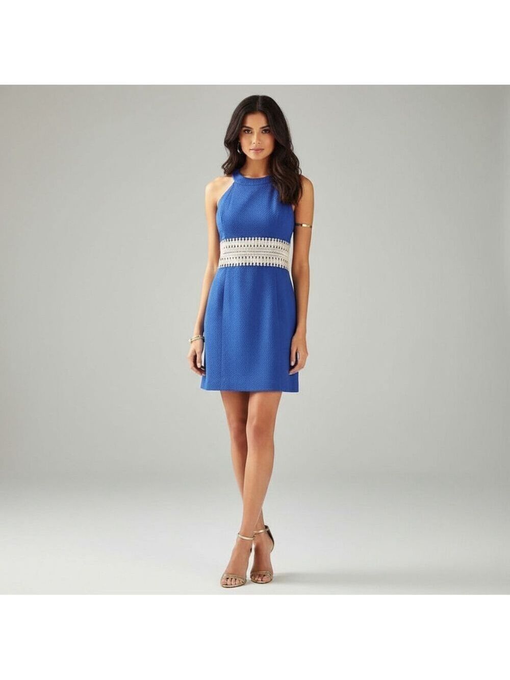 Lilly Pulitzer Cobalt Blue Ashlyn Halter Dress Gold Crochet Sz 2 Resortwear